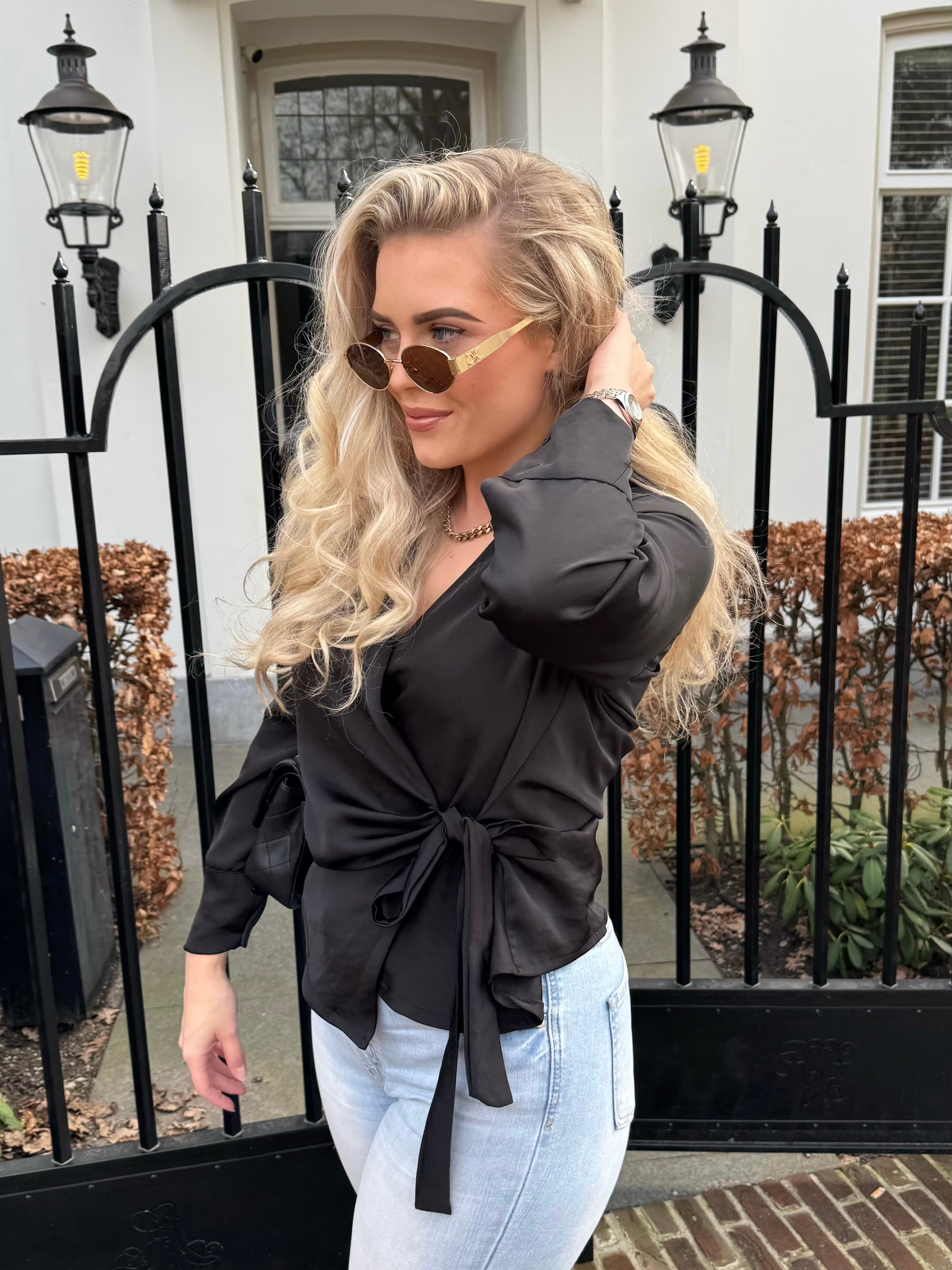 Satijnen look blouse - zwart